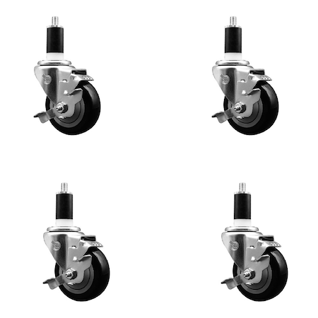 Service Caster 3.5'' SS Black Poly Swivel 1-3/8'' Expanding Stem Caster Set with Brake, 4PK SCC-SSEX20S3514-PPUB-BLK-TLB-138-4